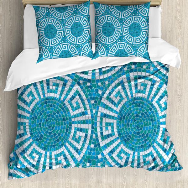 Abakuhaus Copripiumino, Piastrelle A Mosaico Greek Meander, Antiacaro, Adatto A Chi Soffre Di Allergie, Con Federe, 155 Cm X 220 Cm - 80 X 80 Cm, Blu, Verde, Bianco-image