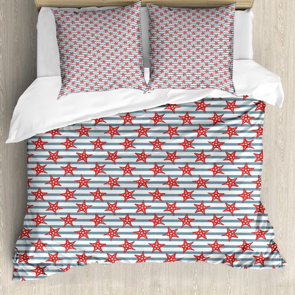 Abakuhaus Copripiumino Seestern, Stelle Marine Con Strisce, Antiacaro, Adatto A Chi Soffre Di Allergie, Con Federe, 200 Cm X 200 Cm - 80 X 80 Cm, Blu Ardesia, Rosso, Bianco-image