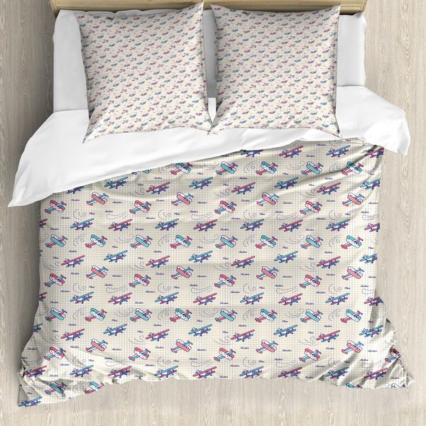 Abakuhaus Copripiumino Weinlese-Flugzeug, Retro Doodles, Antiacaro, Adatto A Chi Soffre Di Allergie, Con Federe, 155 Cm X 220 Cm - 80 X 80 Cm, Multicolore-image