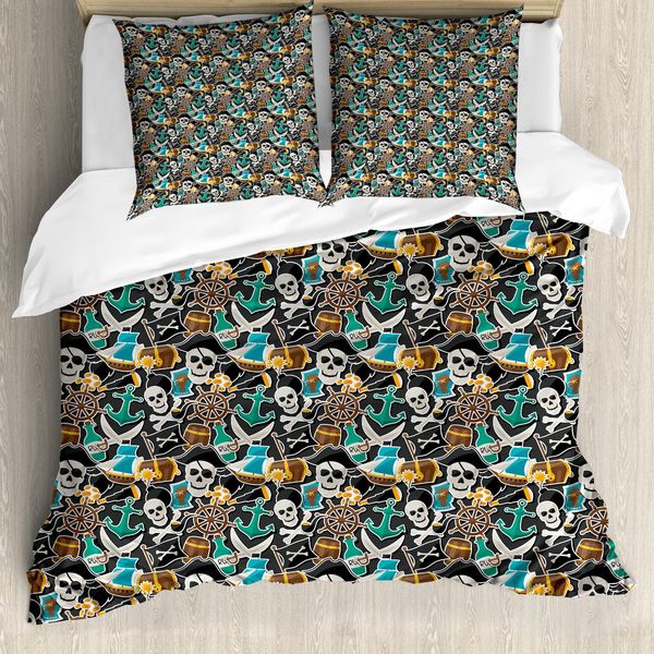 Abakuhaus Pirates Copripiumino, Oggetti Colorati Mare, Antiacaro Adatto A Chi Soffre Di Allergie Con Federe, 155 Cm X 220 Cm - 80 X 80 Cm, Multicolore-image