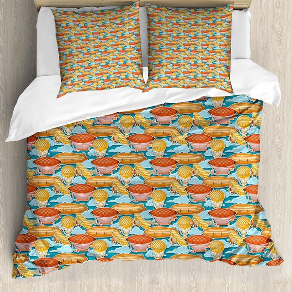 Abakuhaus Copripiumino Weinlese-Flugzeug, Zeppelin Blimp, Antiacaro, Adatto A Chi Soffre Di Allergie, Con Federe, 155 Cm X 220 Cm - 80 X 80 Cm, Multicolore-image