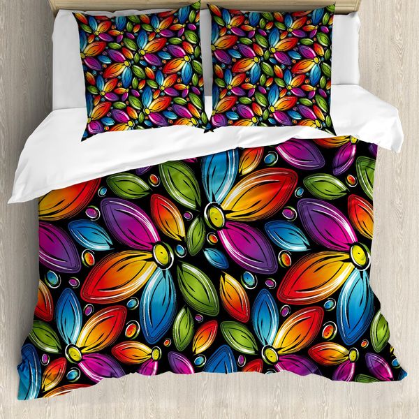 Abakuhaus Copripiumino Con Fiori, Fiori Colorati Vintage, Antiacaro, Adatto A Chi Soffre Di Allergie, Con Federe, 200 Cm X 200 Cm - 80 X 80 Cm, Multicolore-image