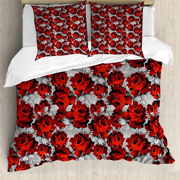 Abakuhaus Copripiumino Con Fiori, Rose Vintage Valentines, Antiacaro, Adatto A Chi Soffre Di Allergie, Con Federe, 200 Cm X 200 Cm - 80 X 80 Cm, Rosso Grigio Nero-image