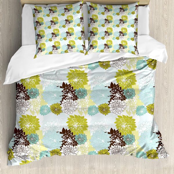 Abakuhaus Copripiumino Floreale, Foglie Pastello, Antiacaro, Adatto A Chi Soffre Di Allergie, Con Federe, 155 Cm X 220 Cm - 80 X 80 Cm, Giallo Verde Azzurro-image