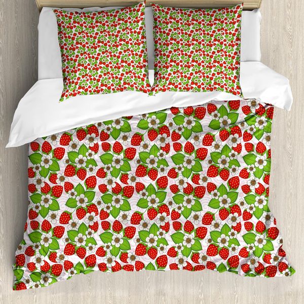 Abakuhaus Copripiumino Con Fiori, Fragole Estive, Antiacaro, Adatto A Chi Soffre Di Allergie, Con Federe, 155 Cm X 220 Cm - 80 X 80 Cm, Vermiglio, Verde, Rosa-image