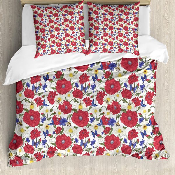 Abakuhaus Copripiumino Con Fiori, Papaveri Rossi In Fiore, Antiacaro, Adatto A Chi Soffre Di Allergie, Con Federe, 200 Cm X 200 Cm - 80 X 80 Cm, Multicolore-image