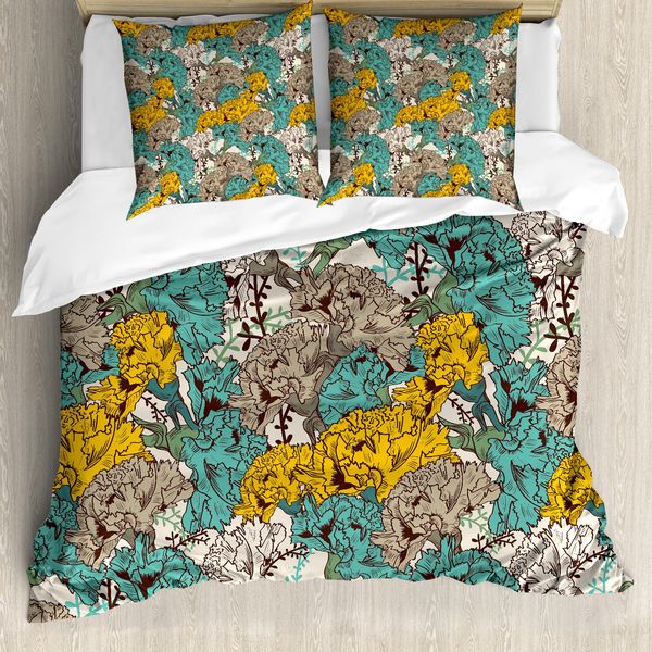 Abakuhaus Copripiumino Con Motivi Floreali, Disegno Vintage, Antiacaro, Adatto A Chi Soffre Di Allergie, Con Federe, 155 Cm X 220 Cm - 80 X 80 Cm, Terra Giallo Turchese-image
