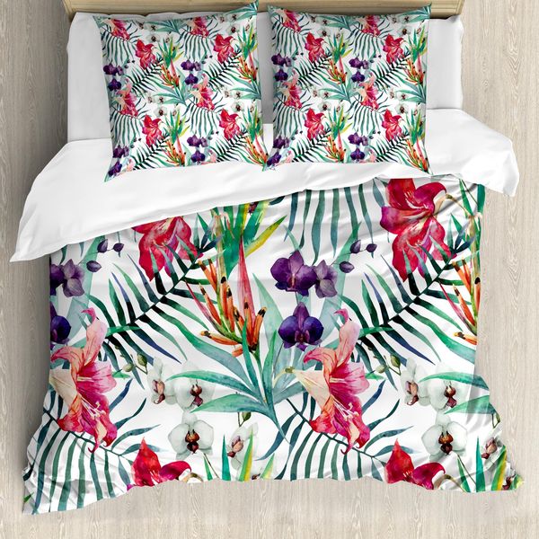 Abakuhaus Copripiumino Con Fiori, Acquerello Artistico Tropical, Antiacaro, Adatto A Chi Soffre Di Allergie, Con Federe, 155 Cm X 220 Cm - 80 X 80 Cm, Multicolore-image
