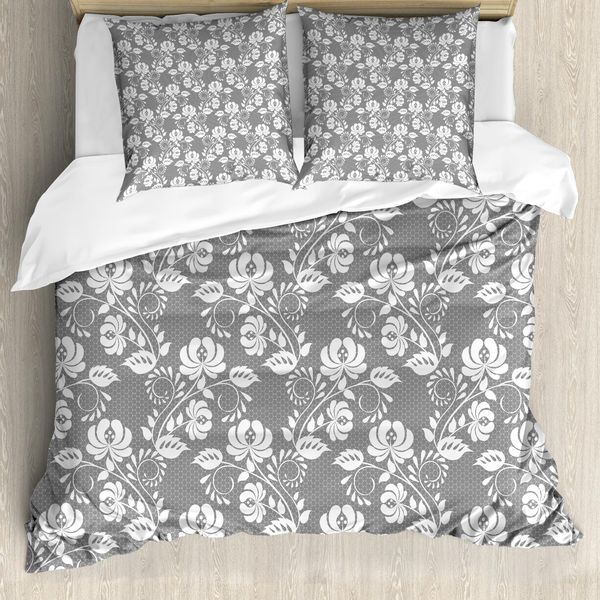 Abakuhaus Copripiumino Con Fiori, Volute Di Foglie E Pois, Antiacaro E Anallergico, Con Federe, 200 Cm X 200 Cm - 80 X 80 Cm, Grigio Bianco-image