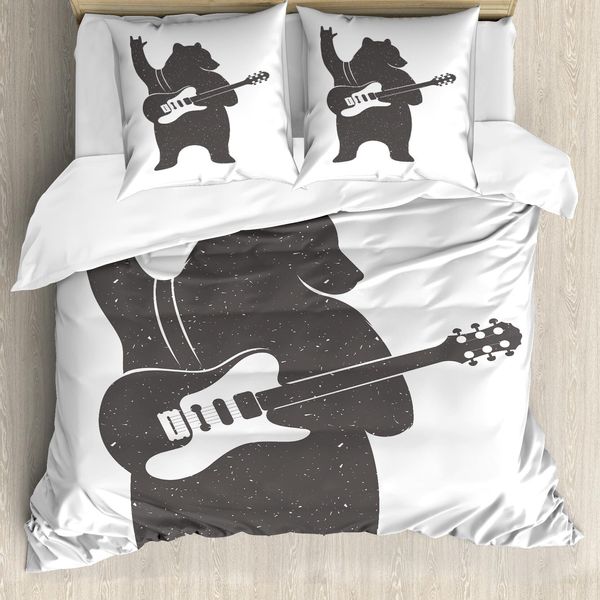 Abakuhaus Copripiumino Orso, Musica Chitarra Rock 'N' Roll, Antiacaro Adatto A Chi Soffre Di Allergie Con Federe, 200 Cm X 200 Cm - 80 X 80 Cm, Grigio Antracite Bianco-image