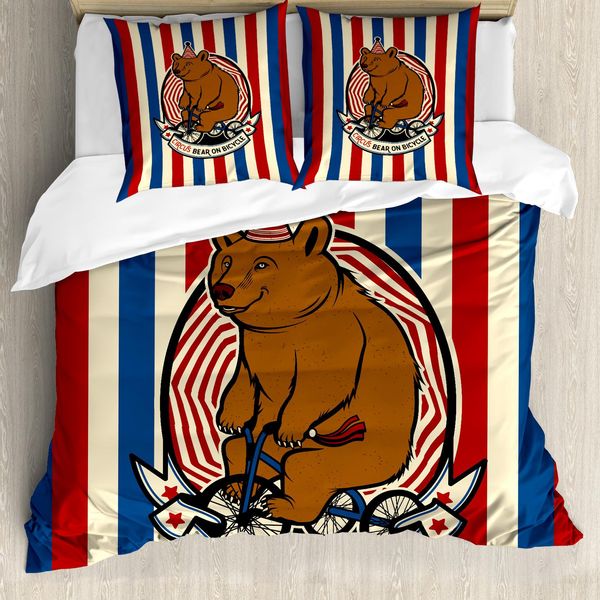 Abakuhaus Copripiumino Orso, Mascotte Del Circo In Bicicletta, Antiacaro, Adatto A Chi Soffre Di Allergie, Con Federe, 155 Cm X 220 Cm - 80 X 80 Cm, Ruby Blue Brown-image