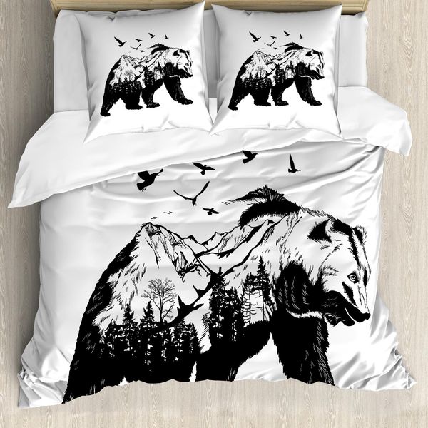 Abakuhaus Copripiumino Orso, Silhouette Di Mammifero Selvatico, Antiacaro, Adatto A Chi Soffre Di Allergie, Con Federe, 200 Cm X 200 Cm - 80 X 80 Cm, Bianco E Nero-image