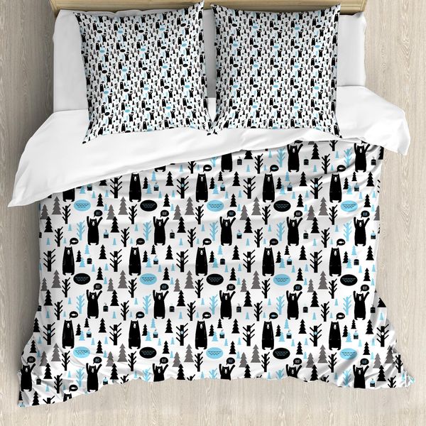 Abakuhaus Copripiumino Orso, Animali Della Foresta Moderni Joy, Antiacaro Adatto A Chi Soffre Di Allergie Con Federe, 155 Cm X 220 Cm - 80 X 80 Cm, Azzurro Nero Bianco-image