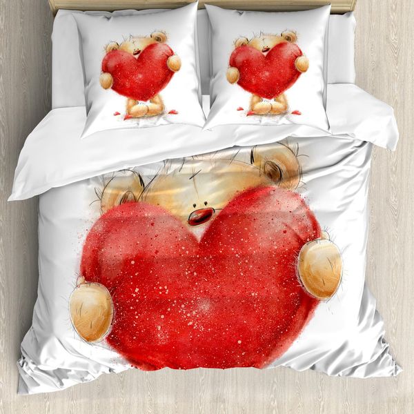 Abakuhaus Copripiumino Orso, Mascot Red Heart Romantico, Antiacaro, Adatto A Chi Soffre Di Allergie, Con Federe, 200 Cm X 200 Cm - 80 X 80 Cm, Sabbia, Marrone, Rosso-image
