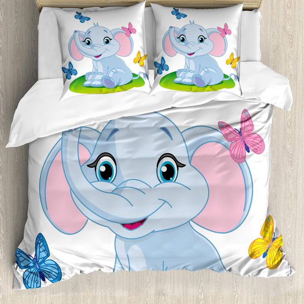 Abakuhaus Copripiumino Per Asilo Nido, Elefante Sul Prato, Antiacaro, Adatto A Chi Soffre Di Allergie, Con Federe, 155 Cm X 220 Cm - 80 X 80 Cm, Azzurro-Rosa-Verde-image
