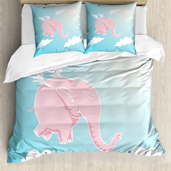 Abakuhaus Set Copripiumino Per Lettini Matrimoniali, Elefante Rosa Nel Cielo, Antiacaro Adatto A Chi Soffre Di Allergie Con Federe, Rosa Chiaro Azzurro Bianco-image