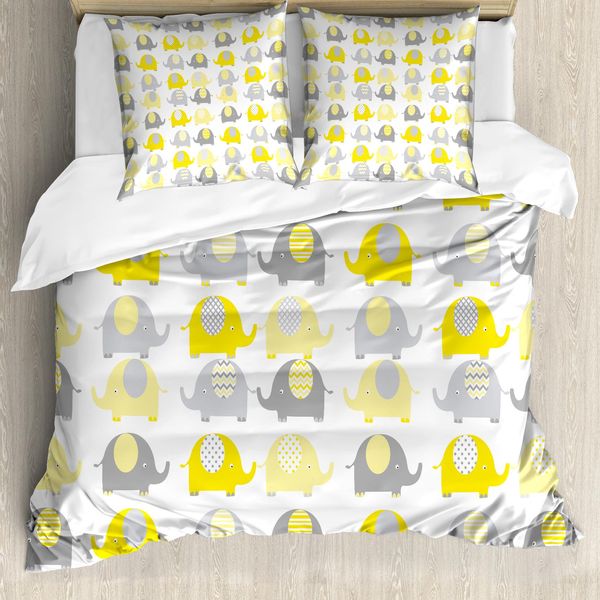 Abakuhaus Copripiumino Per Asilo Nido, Set Cartoon Elephants, Antiacaro, Adatto A Chi Soffre Di Allergie, Con Federe, 200 Cm X 200 Cm - 80 X 80 Cm, Giallo Grigio-image