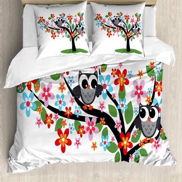Abakuhaus Copripiumino Per Asilo Nido, 2 Gufi Civettuoli Su Un Albero, Antiacaro, Adatto A Chi Soffre Di Allergie, Con Federe, 155 Cm X 220 Cm - 80 X 80 Cm, Multicolore-image