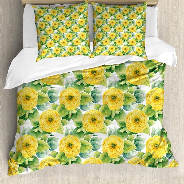 Abakuhaus Copripiumino Con Fiori Gialli, Piante Da Giardino, Antiacaro, Adatto A Chi Soffre Di Allergie, Con Federe, 200 Cm X 200 Cm - 80 X 80 Cm, Giallo Verde Felce-image