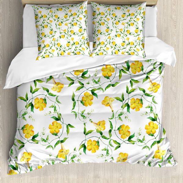 Abakuhaus Set Copripiumino Giallo Per Letti Matrimoniali, Tema Botanico, Antiacaro, Adatto A Chi Soffre Di Allergie, Con Federe, Verde Giada Giallo-image