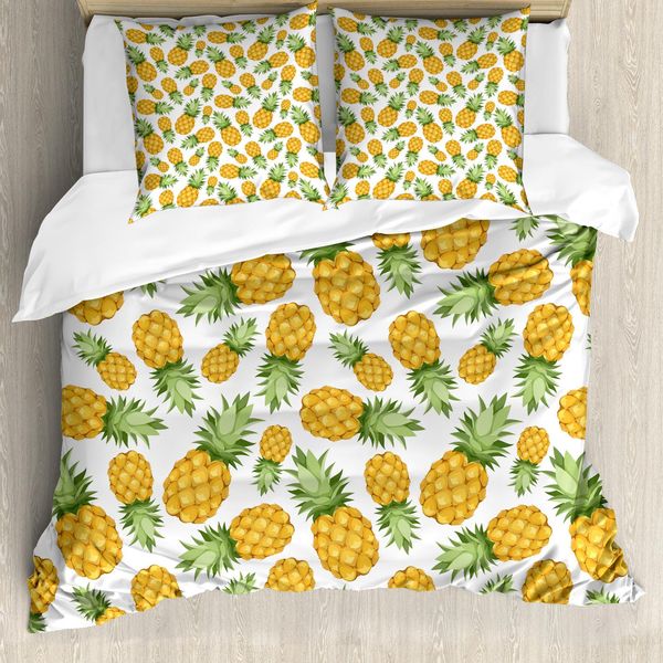 Abakuhaus Copripiumino Giallo E Bianco, Ananas Maturo, Antiacaro, Adatto A Chi Soffre Di Allergie, Con Federe, 200 Cm X 200 Cm - 80 X 80 Cm, Terra Giallo, Verde, Bianco-image