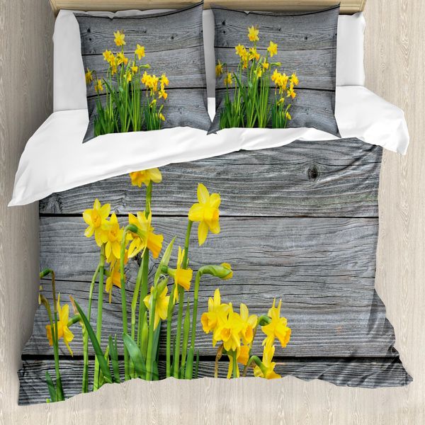 Abakuhaus Copripiumino Con Fiori Gialli, Bouquet Di Narcisi, Antiacaro, Adatto A Chi Soffre Di Allergie, Con Federe, 155 Cm X 220 Cm - 80 X 80 Cm, Giallo Grigio-image