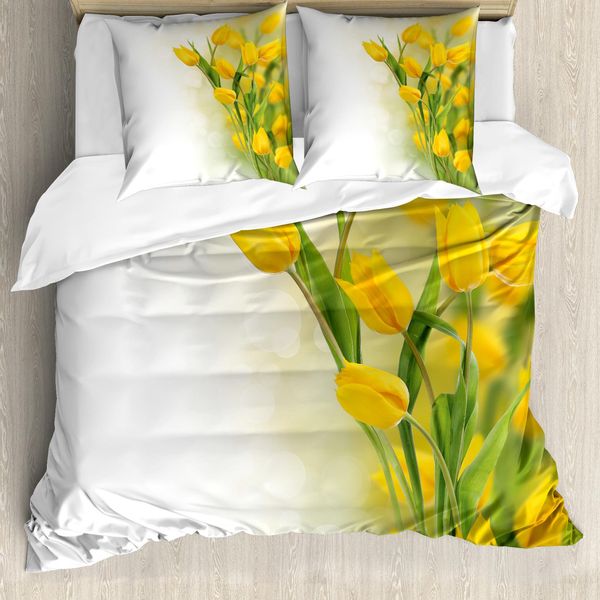 Abakuhaus Copripiumino Con Fiori Gialli, Tulipani Romantici, Antiacaro, Adatto A Chi Soffre Di Allergie, Con Federe, 155 Cm X 220 Cm - 80 X 80 Cm, Senape Verde Felce-image