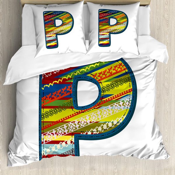 Abakuhaus Lettera P Copripiumino, Stile Boho A Tema Bebè, Antiacaro, Adatto A Chi Soffre Di Allergie, Con Federe, 155 Cm X 220 Cm - 80 X 80 Cm, Blu Notte, Giallo, Rosso-image