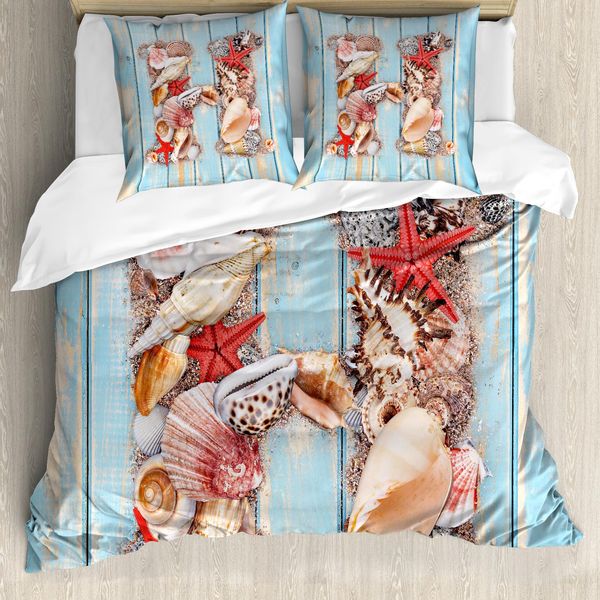 Abakuhaus Lettera H Copripiumino, Conchiglie Stelle Marine, Antiacaro, Adatto A Chi Soffre Di Allergie, Con Federe, 200 Cm X 200 Cm - 80 X 80 Cm, Corallo Scuro Azzurro Pallido-image
