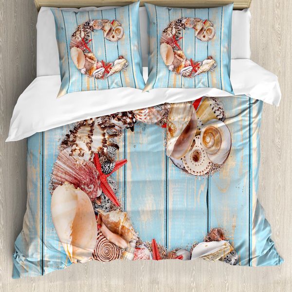 Abakuhaus Lettera C Copripiumino, Marine Life Design C, Antiacaro, Adatto A Chi Soffre Di Allergie, Con Federe, 200 Cm X 200 Cm - 80 X 80 Cm, Corallo Scuro, Azzurro Pallido-image