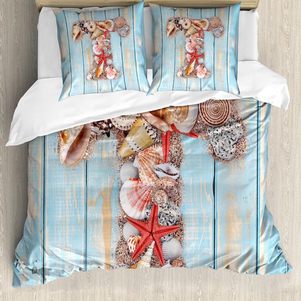 Abakuhaus Lettera T Copripiumino, Marine T Invertebrates, Antiacaro, Adatto A Chi Soffre Di Allergie, Con Federe, 155 Cm X 220 Cm - 80 X 80 Cm, Corallo Scuro, Azzurro Pallido-image
