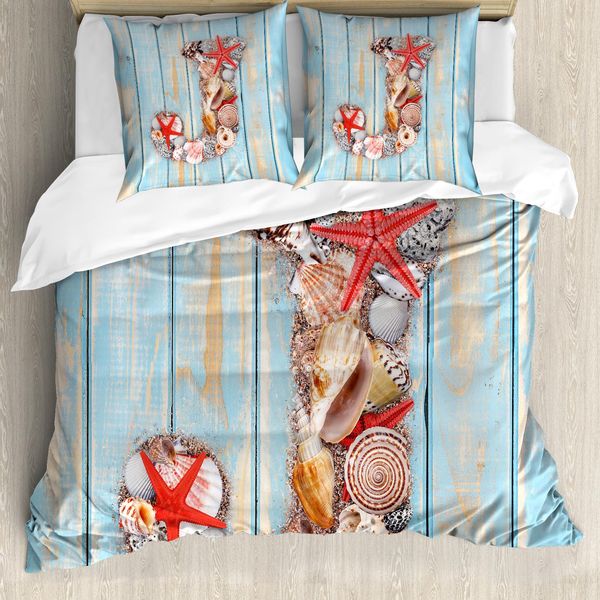 Abakuhaus Lettera J Copripiumino, Tropic Rustikal Estate J, Antiacaro, Adatto A Chi Soffre Di Allergie, Con Federe, 200 Cm X 200 Cm - 80 X 80 Cm, Corallo Scuro, Azzurro Pallido-image