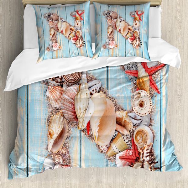Abakuhaus Lettera N Copripiumino, Conchiglie Dell'oceano Abc, Antiacaro Adatto A Chi Soffre Di Allergie Con Federe, 155 Cm X 220 Cm - 80 X 80 Cm, Corallo Scuro Azzurro Pallido-image