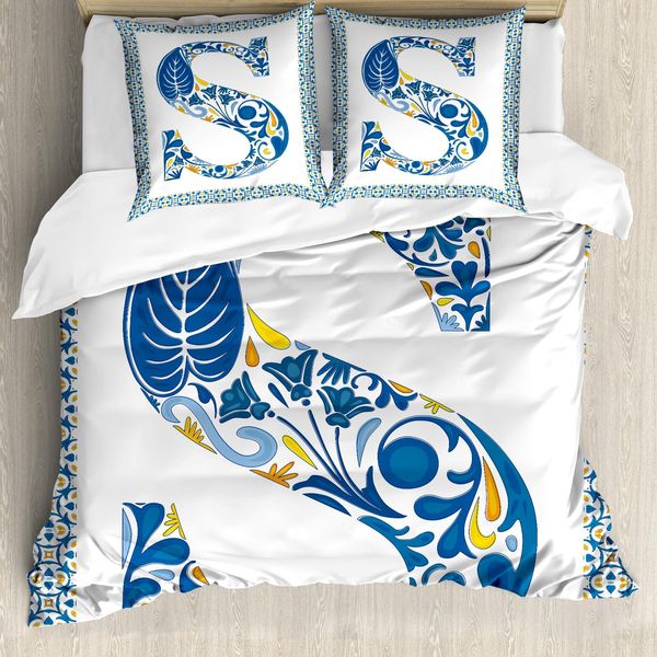 Abakuhaus Lettere Copripiumino, Tipografia Vintage, Antiacaro, Adatto A Chi Soffre Di Allergie, Con Federe, 155 Cm X 220 Cm - 80 X 80 Cm, Blu Giallo Arancione-image