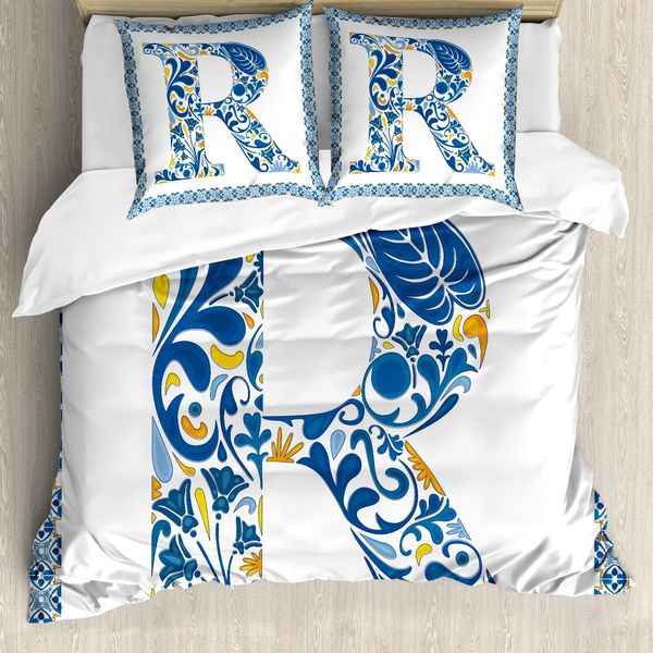 Abakuhaus Lettera R Copripiumino, Curly BlüTen-Weinlese, Antiacaro, Adatto A Chi Soffre Di Allergie, Con Federe, 155 Cm X 220 Cm - 80 X 80 Cm, Blu Giallo Arancione-image