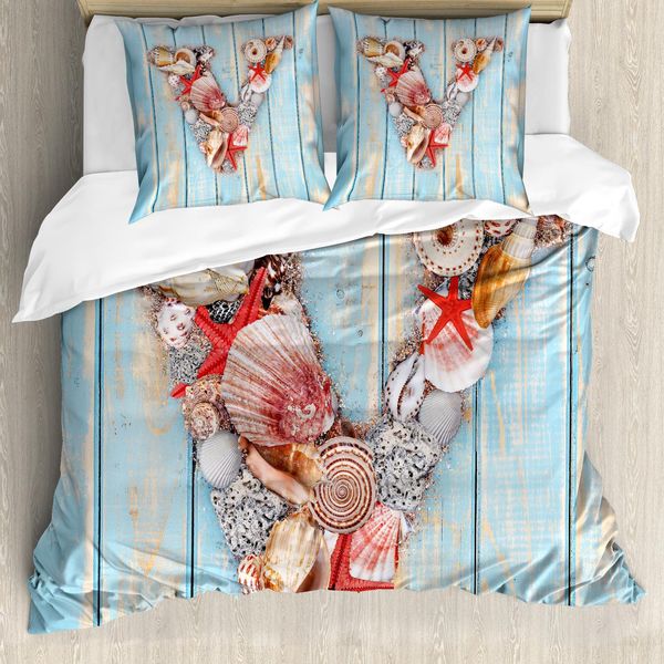 Abakuhaus Lettera V Copripiumino, Tema Nautical Abc V, Antiacaro, Adatto A Chi Soffre Di Allergie, Con Federe, 200 Cm X 200 Cm - 80 X 80 Cm, Corallo Scuro E Azzurro Pallido-image