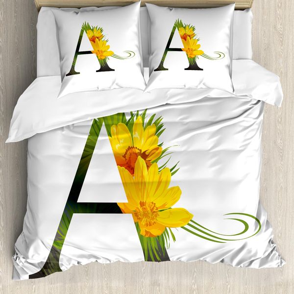 Abakuhaus Lettera A Copripiumino, Floweringlphabet, Antiacaro, Adatto A Chi Soffre Di Allergie, Con Federe, 155 Cm X 220 Cm - 80 X 80 Cm, Verde Calendula E Nero-image