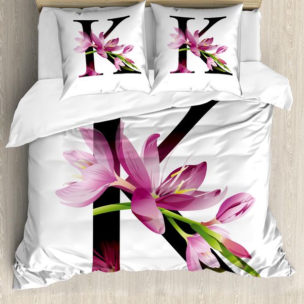 Abakuhaus Lettera K Copripiumino, Blooming Kaffir Lily K, Antiacaro, Adatto A Chi Soffre Di Allergie, Con Federe, 155 Cm X 220 Cm - 80 X 80 Cm, Rosa-Verde-Nero-image