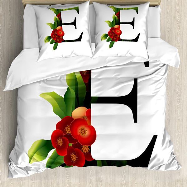 Abakuhaus Lettera E Copripiumino, Alphabet Red Blooms, Antiacaro, Adatto A Chi Soffre Di Allergie, Con Federe, 155 Cm X 220 Cm - 80 X 80 Cm, Vermiglio Verde Nero-image