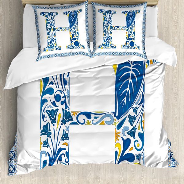 Abakuhaus Lettera H Copripiumino, Cornice Azulejo, Antiacaro, Adatto A Chi Soffre Di Allergie, Con Federe, 155 Cm X 220 Cm - 80 X 80 Cm, Blu Giallo Arancione-image