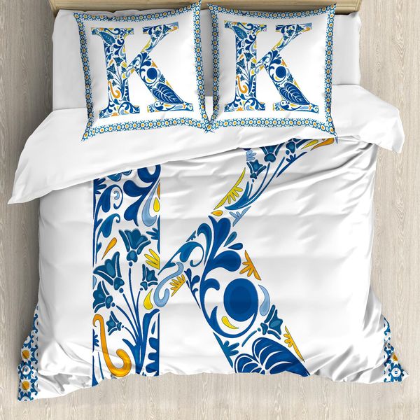 Abakuhaus Lettera K Copripiumino, Foglie E Fiori Iniziale, Antiacaro Adatto A Chi Soffre Di Allergie Con Federe, 200 Cm X 200 Cm - 80 X 80 Cm, Blu Giallo Arancione-image