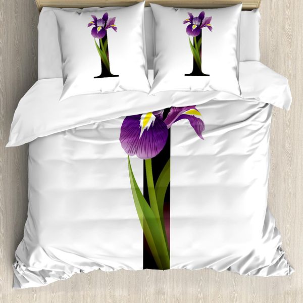Abakuhaus Lettera I Copripiumino, Iris-Blumen-Kapital I, Antiacaro, Adatto A Chi Soffre Di Allergie, Con Federe, 200 Cm X 200 Cm - 80 X 80 Cm, Viola Verde Nero-image