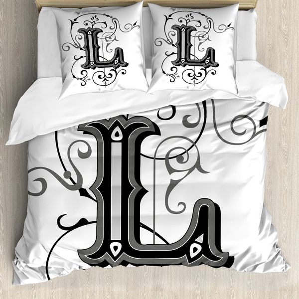 Abakuhaus Lettera L Copripiumino, Ricamato Con La Lettera L, Antiacaro, Adatto A Chi Soffre Di Allergie, Con Federe, 155 Cm X 220 Cm - 80 X 80 Cm, Nero, Grigio, Bianco-image