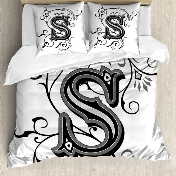 Abakuhaus Lettere Copripiumino, Maiuscolo Monocromatico - S, Antiacaro Adatto A Chi Soffre Di Allergie Con Federe, 200 Cm X 200 Cm - 80 X 80 Cm, Nero, Grigio, Bianco-image