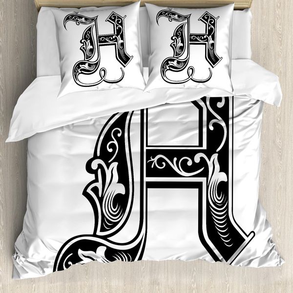 Abakuhaus Lettera H Copripiumino, Influenze Rococò, Antiacaro, Adatto A Chi Soffre Di Allergie, Con Federe, 155 Cm X 220 Cm - 80 X 80 Cm, Bianco E Nero-image