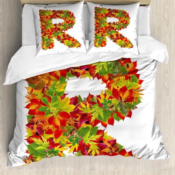 Abakuhaus Lettera R Copripiumino, Floral R Foglie D'acero, Antiacaro Adatto A Chi Soffre Di Allergie Con Federe, 200 Cm X 200 Cm - 80 X 80 Cm, Multicolore-image