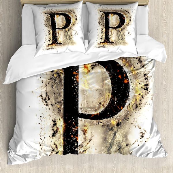 Abakuhaus Lettera P Copripiumino, Simbolo P Con Embers, Antiacaro, Adatto A Chi Soffre Di Allergie, Con Federe, 200 Cm X 200 Cm - 80 X 80 Cm, Marrone Chiaro-Nero-Giallo-image