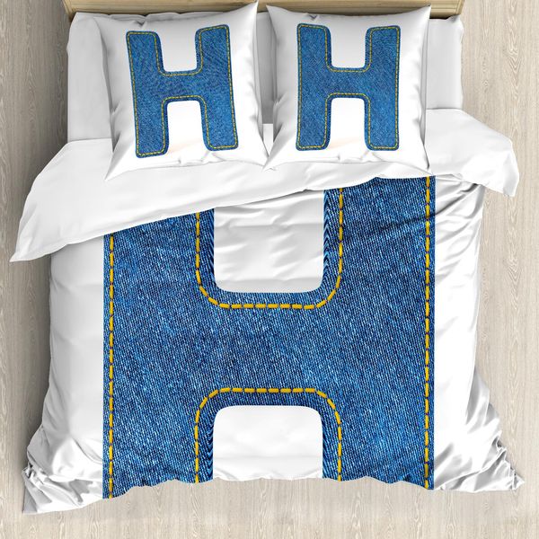 Abakuhaus Lettera H Copripiumino, Denim Scrittura, Antiacaro Adatto A Chi Soffre Di Allergie Con Federe, 155 Cm X 220 Cm - 80 X 80 Cm, Blu Marigold-image