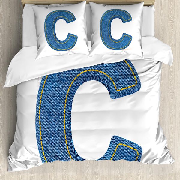Abakuhaus Lettera C Copripiumino, Sistemi Di Scrittura Denim, Antiacaro Adatto A Chi Soffre Di Allergie Con Federe, 200 Cm X 200 Cm - 80 X 80 Cm, Blu Giallo-image