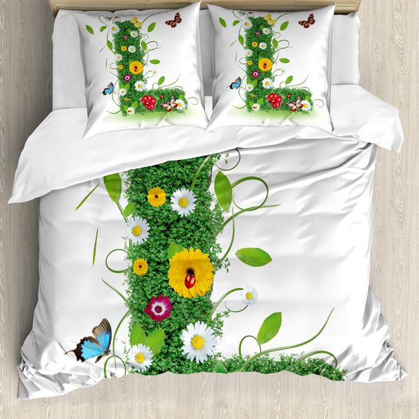 Abakuhaus Lettera L Copripiumino, Motivo Floreale Immagine L, Antiacaro Adatto A Chi Soffre Di Allergie Con Federe, 155 Cm X 220 Cm - 80 X 80 Cm, Verde Multicolore-image